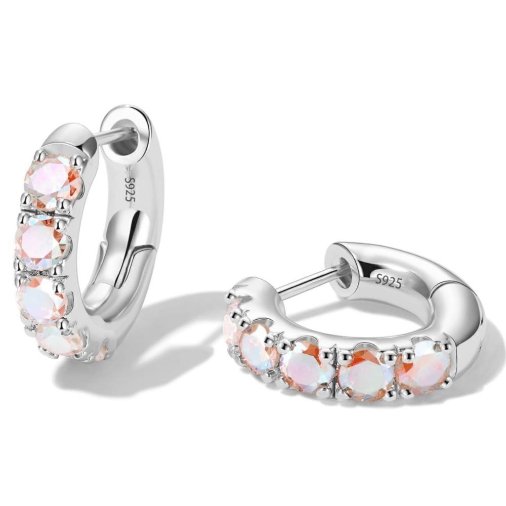 14K White Gold 925 Sterling Silver Iridescent AB Cubic Zirconia Huggie Earrings